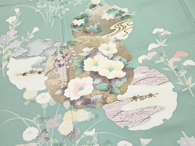 平和屋着物□極上 訪問着 刺繍 雪輪重ね草花文 薄青色地 金彩