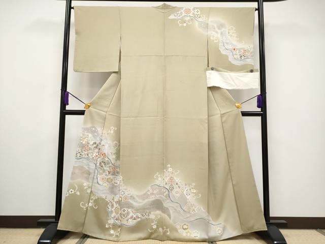 平和屋着物■極上　訪問着　駒刺繍　道長更紗花唐草文　暈し染め　金彩　白橡色地　松坂屋扱い　反端付き　逸品　CYAA2838s5