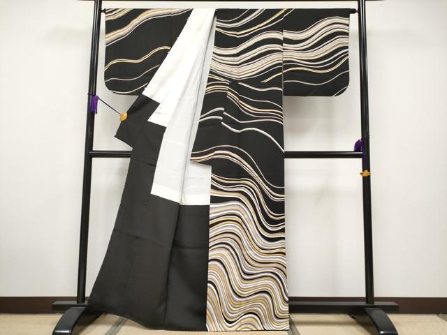 平和屋本店□極上 訪問着 駒刺繍 流線文 黒地 金彩 逸品 CYAA2861s5