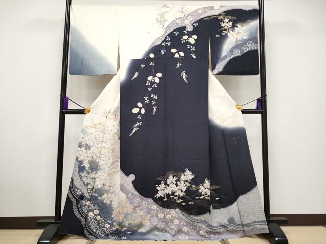 平和屋2■極上　振袖　雪輪花文　金彩　銀通し地　逸品　eee5747 平和屋着物□極上 訪問着 駒刺繍 絞り 雪輪枝花文 金彩 逸品