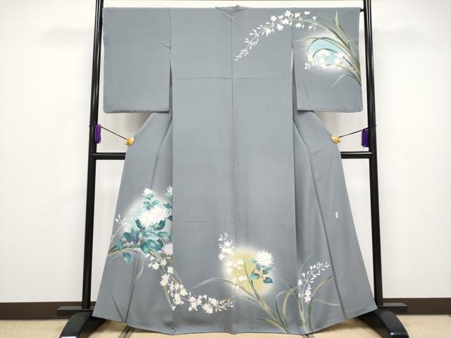 平和屋着物□極上 訪問着 友禅 作家物 草花文 暈し染め 鈍色