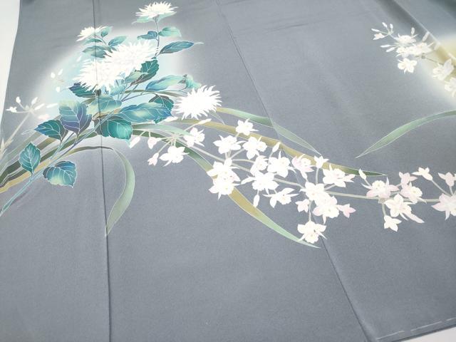平和屋着物□極上 訪問着 友禅 作家物 草花文 暈し染め 鈍色