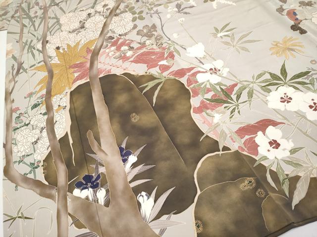 平和屋本店■極上　中井恭三　訪問着　京友禅　刺繍　枝花文　たとう紙付き　金彩　枯野色地　逸品　CYAA2914s5 平和屋本店□極上 中井恭三 訪問着 京友禅 刺繍 枝花文 た