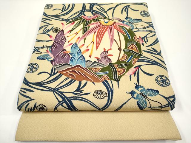 平和屋着物●九寸名古屋帯　手描き　笹竹花文　鬼しぼ縮緬　正絹　逸品　未使用　DAAV6269ps 平和屋着物○九寸名古屋帯 手描き 笹竹花文 鬼しぼ縮緬 正絹