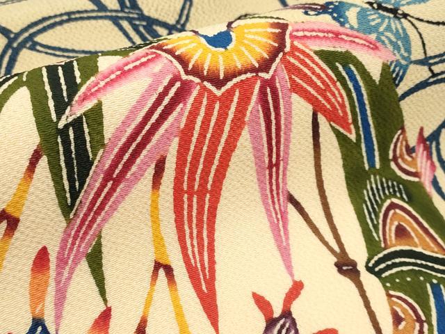 平和屋着物○九寸名古屋帯 手描き 笹竹花文 鬼しぼ縮緬 正絹