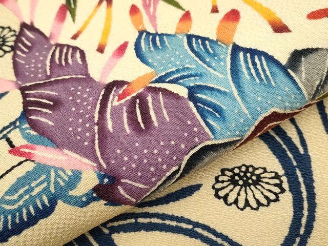 平和屋着物○九寸名古屋帯 手描き 笹竹花文 鬼しぼ縮緬 正絹