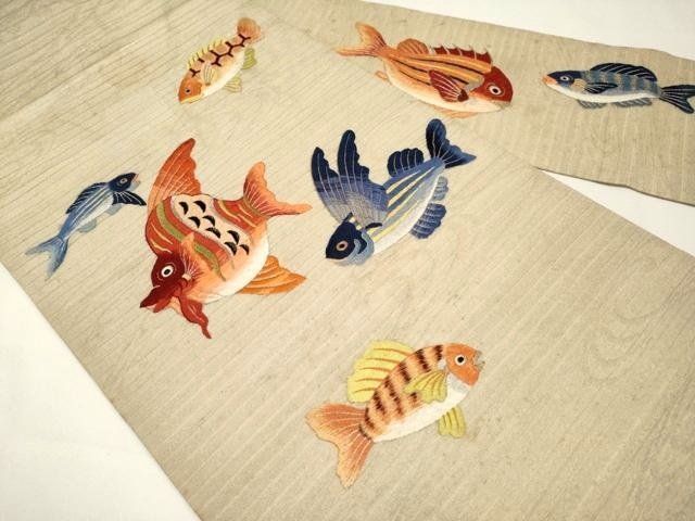平和屋本店■極上　夏物　アンティーク　大正ロマン　九寸名古屋帯　総刺繍　魚　金銀糸　逸品　CYAA2977s5 平和屋本店□極上 夏物 アンティーク 大正ロマン 九寸名古屋帯 総刺繍