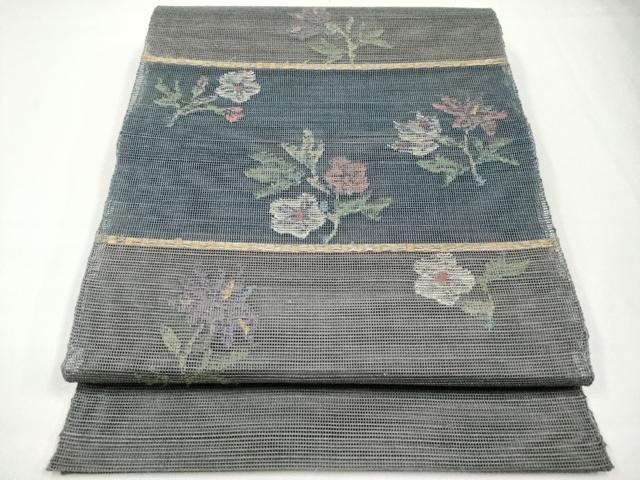 平和屋着物■極上　夏物　1854年創業　帯屋捨松　八寸名古屋帯　横段草花文　金銀糸　丼鼠色地　逸品　CYAA2979s5