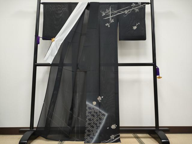 平和屋着物□極上 夏物 訪問着 市松紋紗 竹垣舞葉文 暈