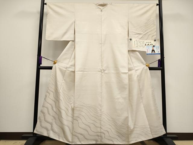 平和屋着物■極上　赤城紬　自然原手織　草木染工房　訪問着　流水文　薄卵色地　証紙付き　逸品　CYAA3036s5