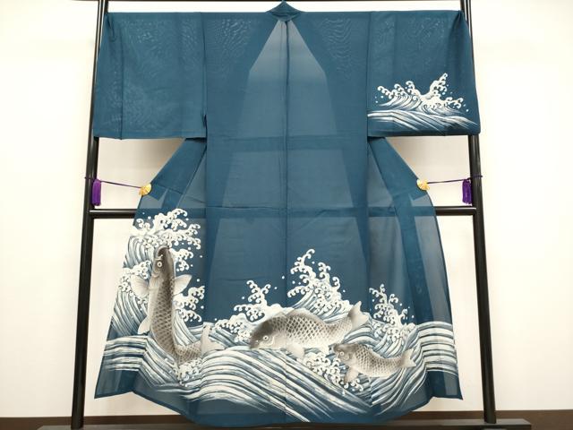 平和屋本店■極上　夏物　男性　訪問着　キングサイズ　絽　手描き　鯉の滝登り　金彩　褐返色地　逸品　CYAA3041s5