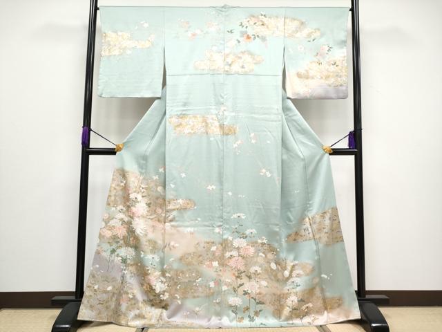 平和屋着物■極上　訪問着　霞草花文　暈し染め　金銀彩　青磁鼠色地　逸品　CYAA3108s5