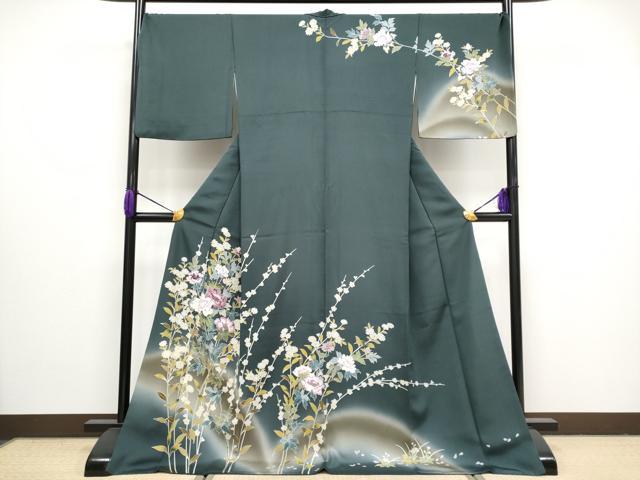 平和屋着物■極上　訪問着　友禅　枝花文　黒緑色地　逸品　CYAA3110s5