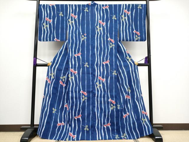 平和屋着物■極上　夏物　世界的ファッションデザイナー　山本寛斎　kansaiブランド　小紋　単衣　金魚　紺青色　洗える着物　CYAA3116s5 平和屋着物□極上 夏物 世界的ファッションデザイナー 山本寛斎 kansai
