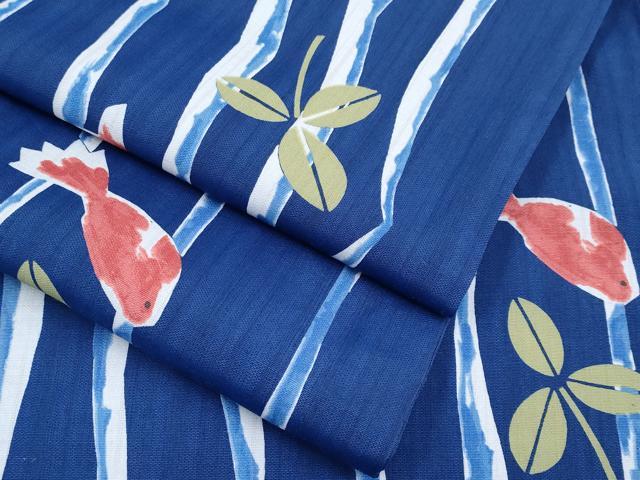 平和屋着物■極上　夏物　世界的ファッションデザイナー　山本寛斎　kansaiブランド　小紋　単衣　金魚　紺青色　洗える着物　CYAA3116s5