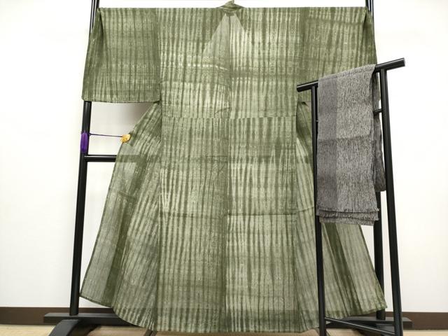 平和屋着物■極上　夏物　男性　本場小千谷ちぢみ・兵児帯セット　キングサイズ　海松色地　やまと誂製　麻　逸品　CYAA3119s5