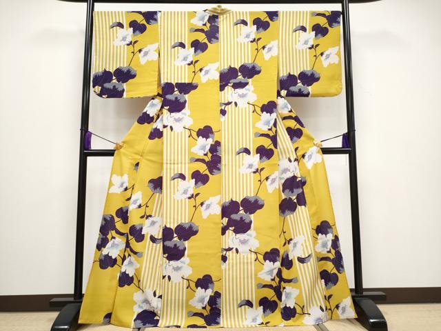 平和屋着物■極上　夏物　撫松庵　セオアルファ　小紋・浴衣兼用　枝花文　黄金色　洗える着物　逸品　CYAA3133s5