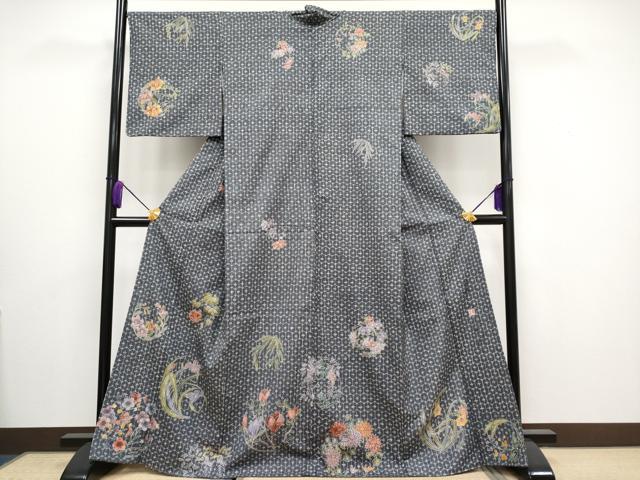 平和屋着物■極上　友禅作家の巨匠　浅井青仁　訪問着　紬地　手描き　花丸文　藤煤竹色地　逸品　CYAA3138s5