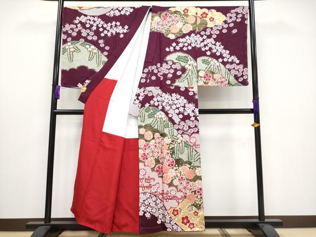 平和屋本店□極上 男性 訪問着 雲取り舞花文 金彩 紫紺色地 