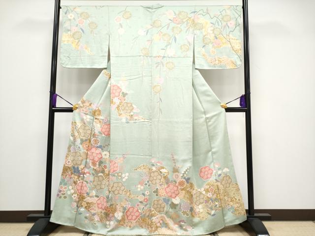 平和屋着物■極上　訪問着　駒刺繍　絞り　道長草花文　金彩　白緑色地　逸品　CYAA3219s5
