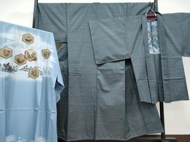 平和屋着物■極上　男性　本場大島紬　アンサンブル・長襦袢セット　キングサイズ　格子柄　逸品　未使用　CYAA3230s5