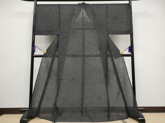 平和屋着物■極上　夏物　本塩沢　夏塩沢　100亀甲　麻の葉文様　黒地　逸品　CYAA3233s5 平和屋着物□極上 夏物 本塩沢 夏塩沢 100亀甲 麻の葉文様 黒地 逸品