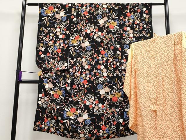 平和屋本店■極上　七五三　女の子　7歳　祝着・長襦袢セット　花籠文　黒地　鬼しぼ縮緬　反端付き　逸品　CYAA3259s5