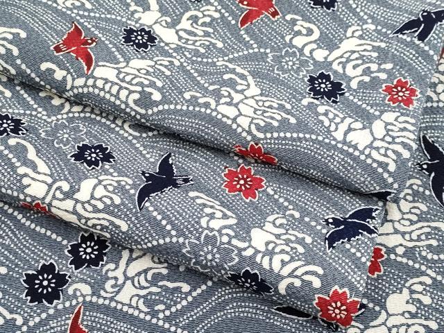 平和屋本店■極上　浦野理一　型染　小紋　立波花鳥文　鬼しぼ縮緬　錫色地　逸品　未使用　CYAA3273s5