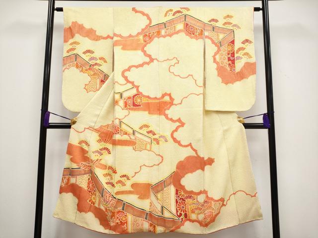 平和屋着物■極上　七五三　女の子　7歳　祝着　総絞り　飛鶴雲取り草花文　金彩　刈安色地　逸品　CYAA3309s5