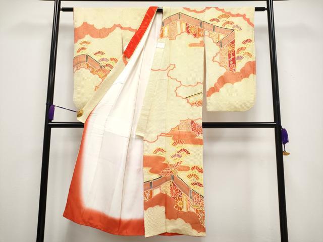 平和屋着物■極上　七五三　女の子　7歳　祝着　総絞り　飛鶴雲取り草花文　金彩　刈安色地　逸品　CYAA3309s5_1