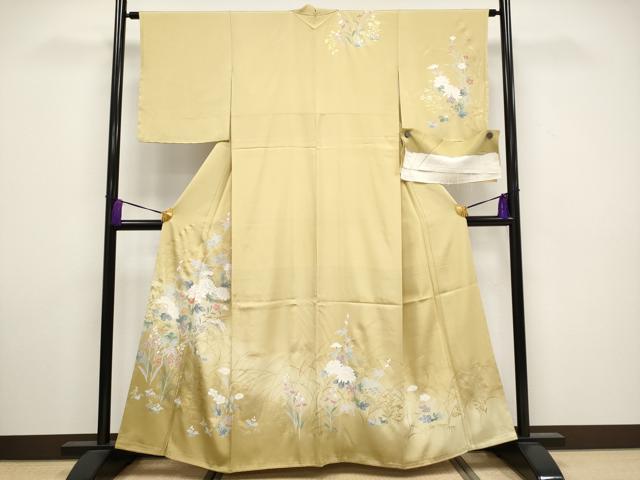 平和屋着物■極上　訪問着　草花文　暈し染め　金銀彩　花葉色地　反端付き　逸品　未使用　CYAA3328s5