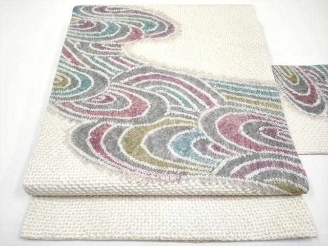 平和屋着物■極上　藤娘きぬたや・総絞り　九寸名古屋帯　流線文　白茶色地　逸品　CYAA3413s5