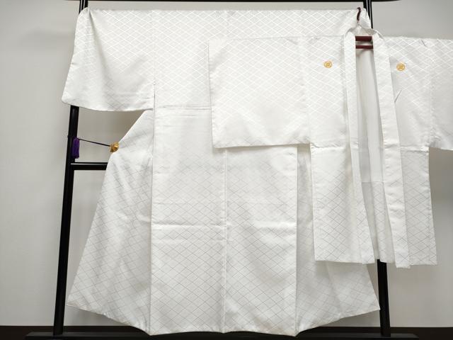 平和屋着物■極上　男性　色無地　紋付き羽織セット　キングサイズ　舞台衣装　花菱地紋　白地　洗える着物　逸品　CYAA3462s5
