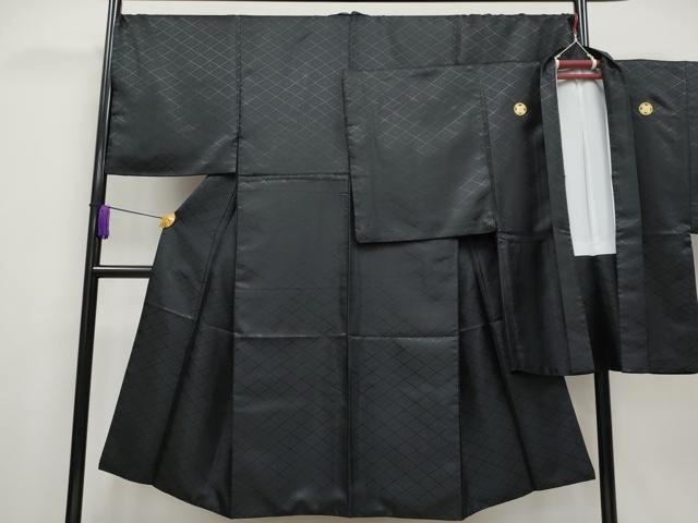 平和屋着物■極上　男性　色無地　紋付き羽織セット　舞台衣装　花菱地紋　黒地　洗える着物　逸品　CYAA3467s5