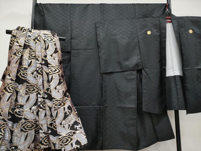 平和屋着物■極上　男性　色無地　紋付き羽織・行灯袴セット　キングサイズ　舞台衣装　花菱地紋　黒地　洗える着物　逸品　CYAA3469s5