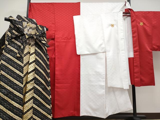 平和屋着物■極上　男性　色無地　紋付き羽織・行灯袴セット　キングサイズ　片身替わり　舞台衣装　紅白　洗える着物　逸品　CYAA3472s5