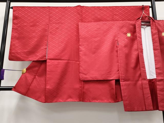 平和屋着物■極上　男性　袴下着物　紋付き羽織セット　舞台衣装　菱地紋　朱・緋色　洗える着物　逸品　CYAA3487s5