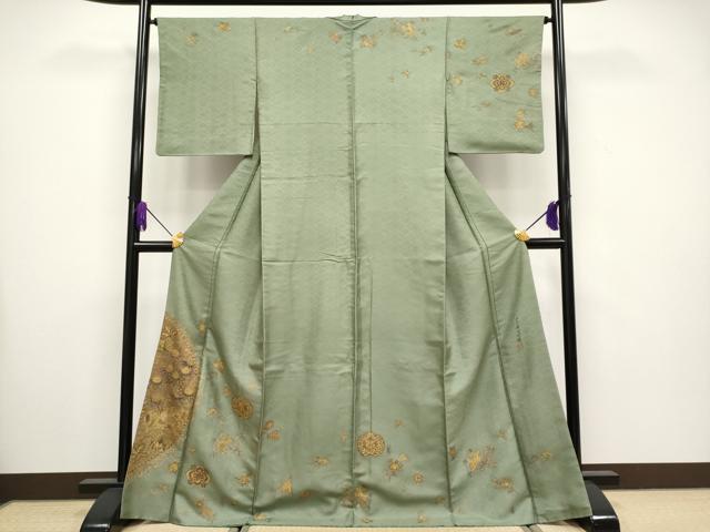 平和屋本店■極上　紋屋井関　十九代　井関宗麟　訪問着　お召地　刺繍　狩猟文　金彩　利休色地　逸品　CYAA3497s5