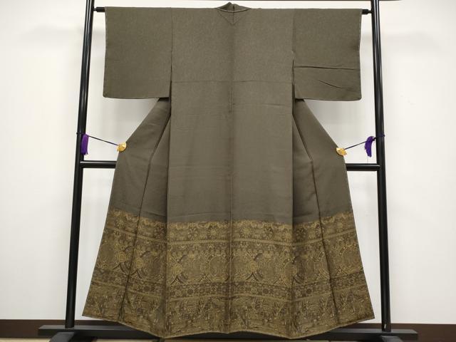 平和屋着物■極上　天目織　色留訪問着　お召地　エジプト壁画文様　海松茶色　さが美扱い　逸品　未使用　CYAA3541s5