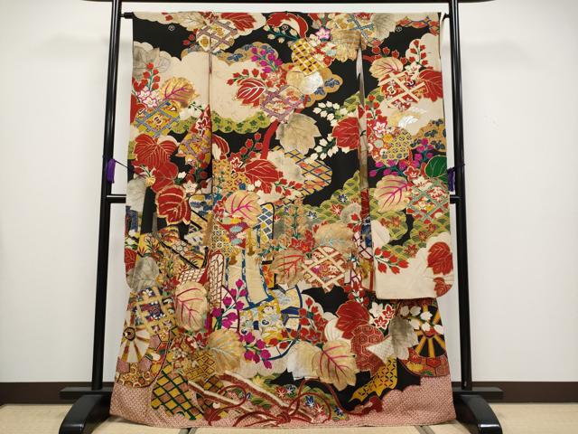 平和屋本店■極上　アンティーク　大正ロマン　振袖　駒刺繍　御所車吉祥文　黒地　金銀彩　逸品　CYAA3550s5