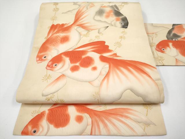 平和屋本店■極上　アンティーク　大正ロマン　九寸名古屋帯　手描き　金魚　金彩　逸品　CYAA3608s5