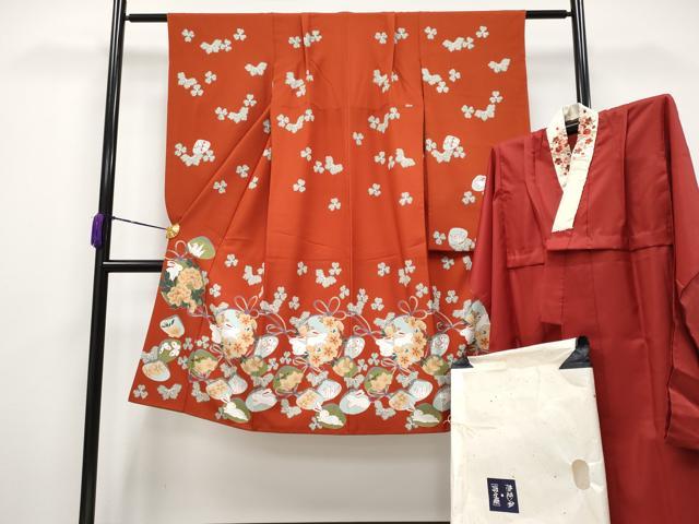 平和屋着物■極上　青々庵　撫松庵　七五三　女の子　7歳　祝着・長襦袢セット　兎花蝶文　丹色　洗える着物　たとう紙付　逸品 CYAA3635s5 42,120円