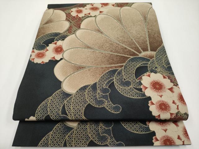 平和屋着物■極上　撫松庵　両面　全通柄　京袋帯　立波舞花文　黒地　逸品　CYAA3743s5