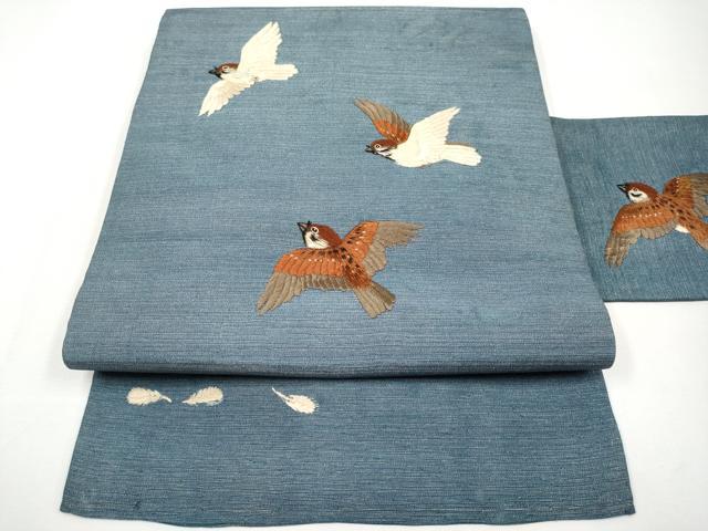 平和屋本店■極上　アンティーク　大正ロマン　九寸名古屋帯　総手刺繍　雀　銀通し地　逸品　CYAA3746s5