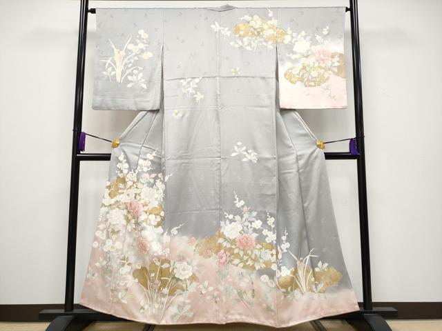 平和屋着物■極上　訪問着　刺繍　雲取り枝花文　暈し染め　金彩　鼠色地　逸品　CYAA3782s5