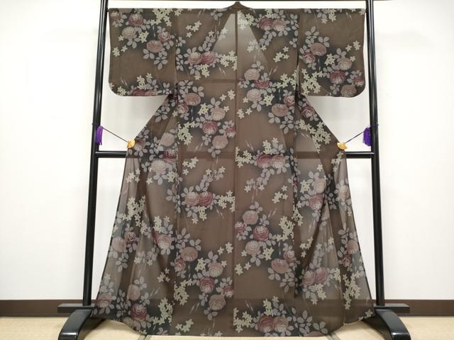 平和屋着物■極上　夏物　撫松庵　小紋・浴衣兼用　セオアルファ　枝花文　赤墨色地　洗える着物　逸品　CYAA3801s5