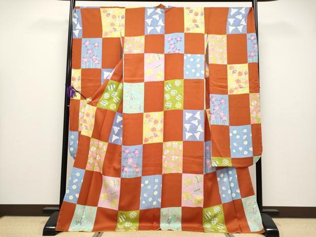 平和屋本店■極上　振袖　作家物　市松千鳥花蝶文　丹色地　東武百貨店扱い　逸品　未使用　CYAA3819s5