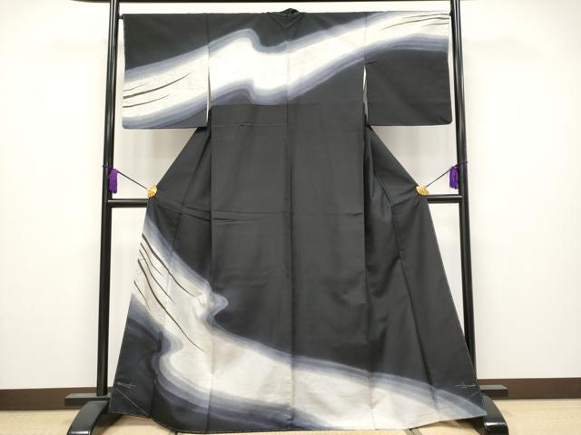 平和屋本店■極上　石川県指定無形文化財　牛首紬　白山工房　手織り　訪問着　流水文　黒地　金彩　逸品　未使用　CYAA3820s5