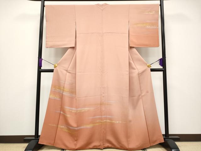 平和屋着物■極上　人間国宝　福田喜三郎　訪問着　霞文　暈し染め　金彩　赤香色地　逸品　CYAA3821s5