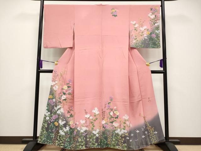 平和屋着物■極上　英王室献上友禅作家　木下勝功　訪問着　刺繍　草花文　暈し染め　金彩　紅梅色　京都きもの友禅扱い　逸品　CYAA3822s5